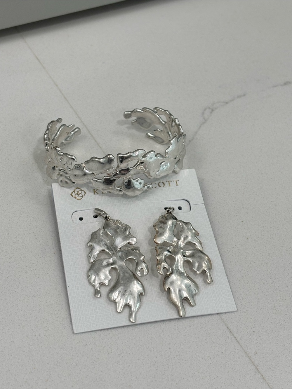 Kendra Scott Silver Leaf-Texture Cuff Bracelet and Dangle Earrings